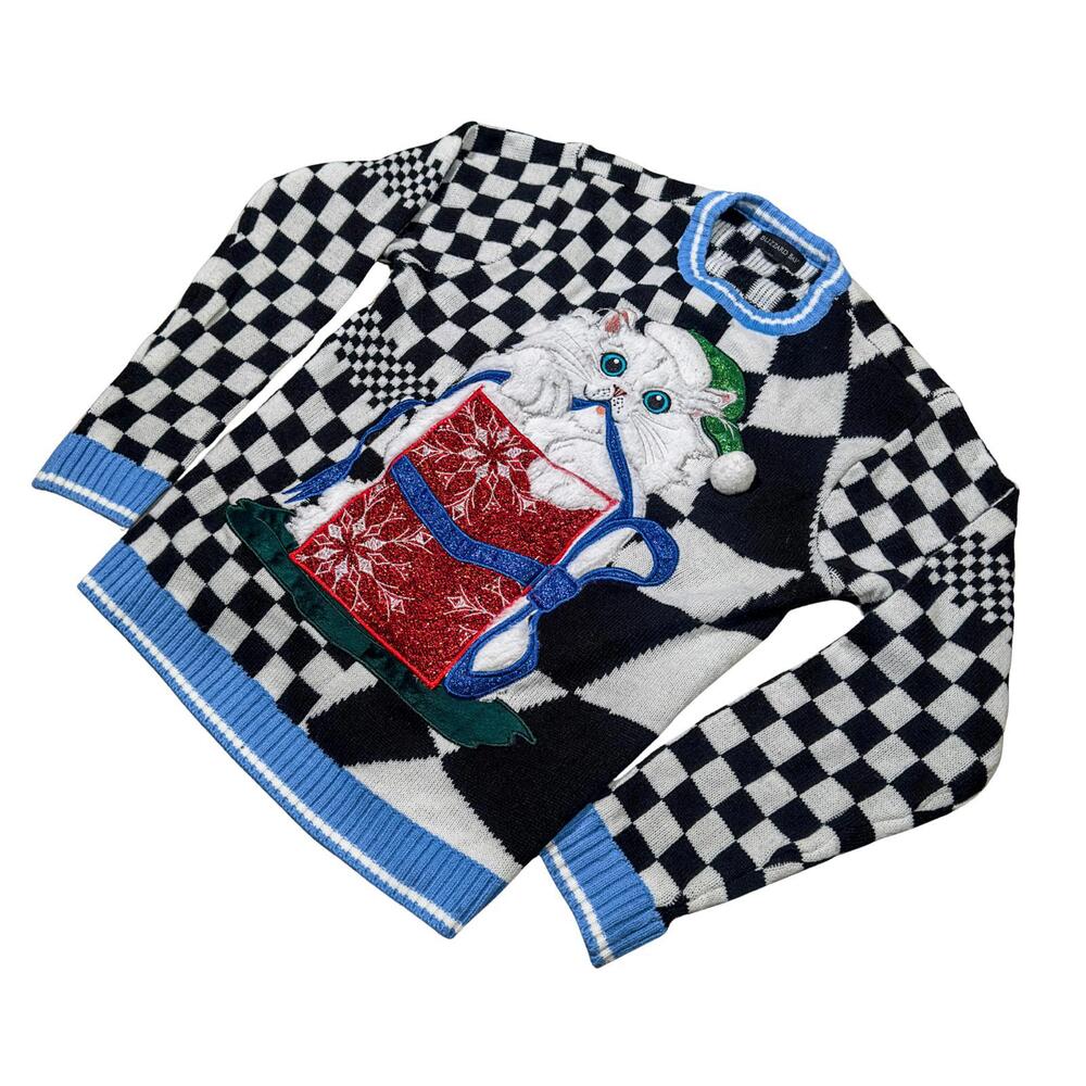 Blizzard Bay Cat Gift Box Holiday Sweater Black Checkered M